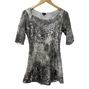 Komarov Crinkle Abstract Print Satin Blouse Size L Gray Fairy Grunge Artsy